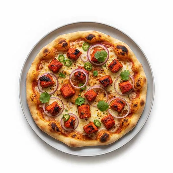 Tandoori Chicken Naan Pizza With Masala Lacha Onions